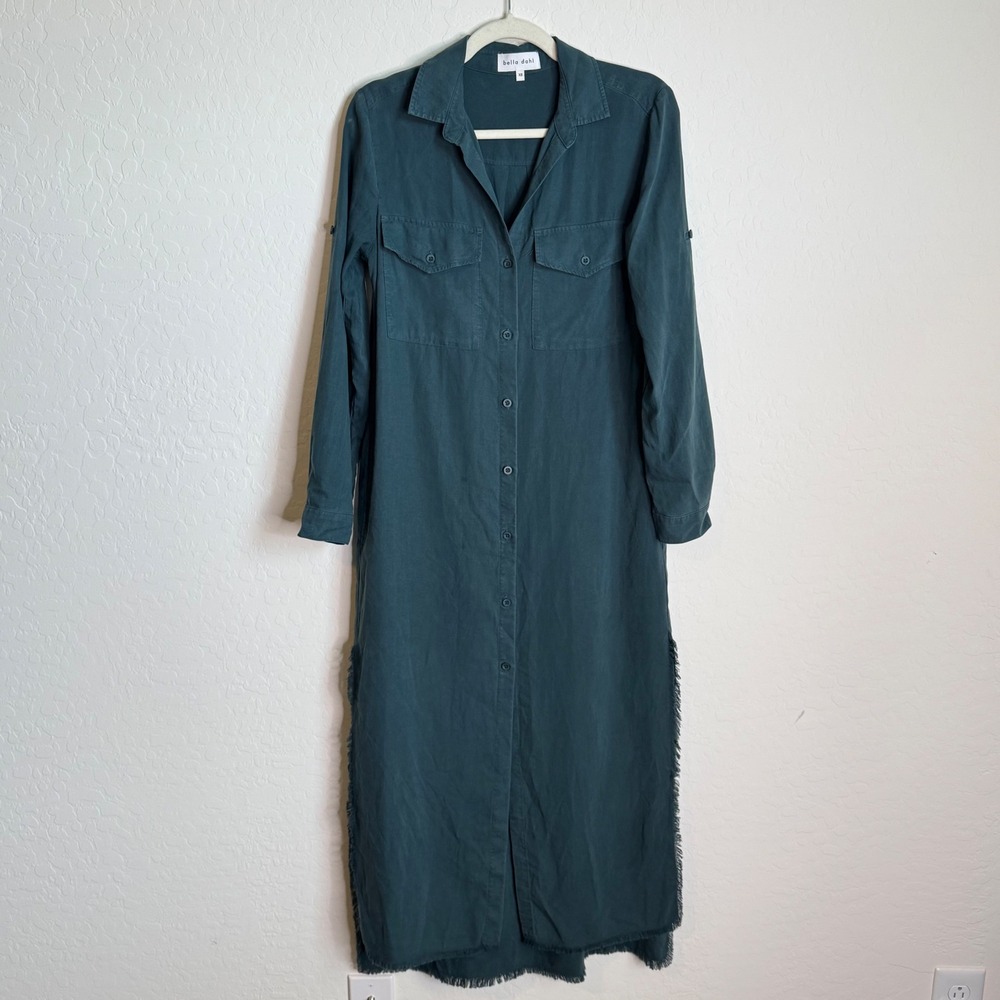 Bella Dahl Teal Green Frayed Hem Maxi Shirt Dress‎ Minimal XS Boho Western